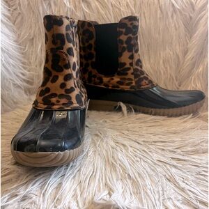 Leopard Print Waterproof Chelsea Rain Boots - Brown/Black